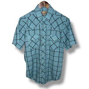Wrangler Westernwear Teal Check Pearl Snap Cowboy Shirt Size S